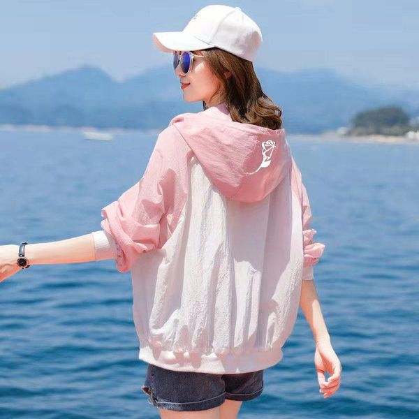 

women's jackets korean fashion spring jacket with zipper summer thin sunscreen coat embroidery hooded loose oversized female, Black;brown