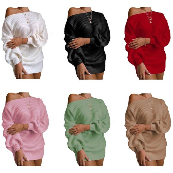 

casual dresses off shoulder lantern sleeve knit sweater dress ladies mini long skirt 2021 fall winter women, Black;gray