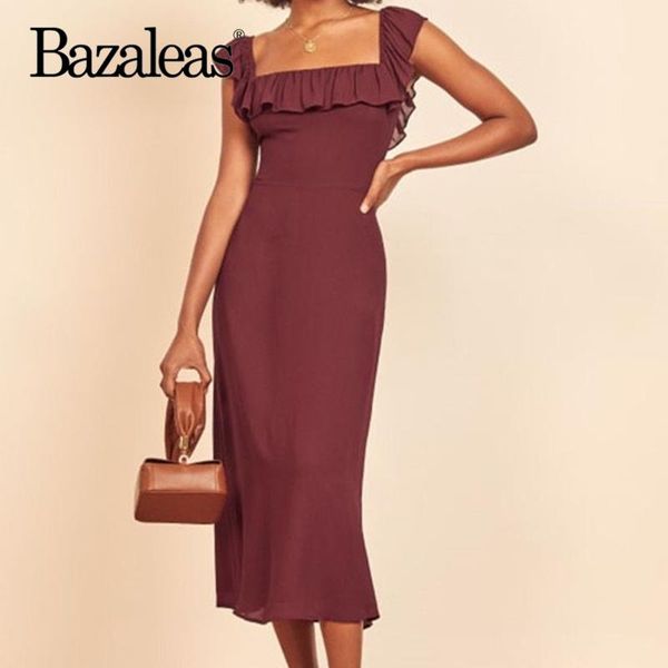 

bazaleas retro tank vestidos summer square collar ruffles dress vintage tube chiffon midi casual dresses, Black;gray