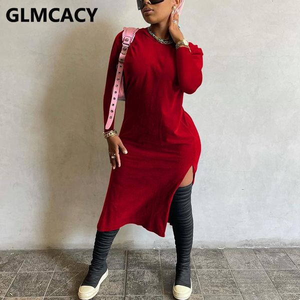 

casual dresses women long sleeve solid slit midi dress, Black;gray