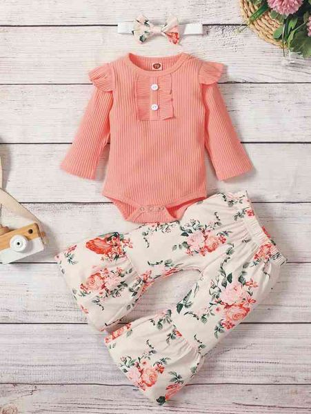 

baby ruffle trim bodysuit & floral flare leg pants & headband she, Blue