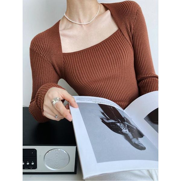 

women's sweaters fan autumn long sleeve square neck sweatshirt, slim, thin, clavicle, fake two-piece bottom shirt top, White;black