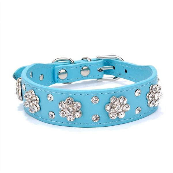 

dog collars & leashes shining plum blossom shape rhinestones pu leather pet collar