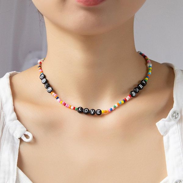 

chains black bead letter necklace for women colorful acrylic choker fashion bohemian style jewelry gift, Silver