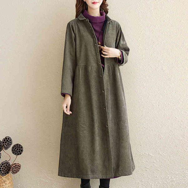 Johnature Frauen Casual Cord Graben Einfarbig Mäntel Taste Winter Dicke Warme Frauen Drehen-unten Kragen Trenchcoat 210521