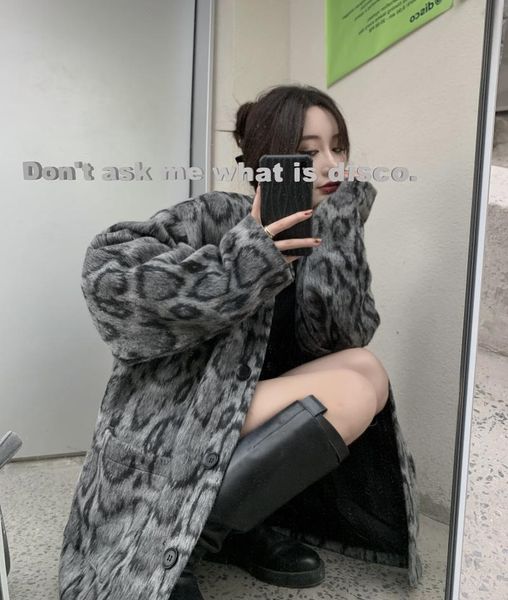 

women's wool & blends woollen coat female spring autumn style grey loepard print korean fashion loose fit woolen trench long jacket sof, Black