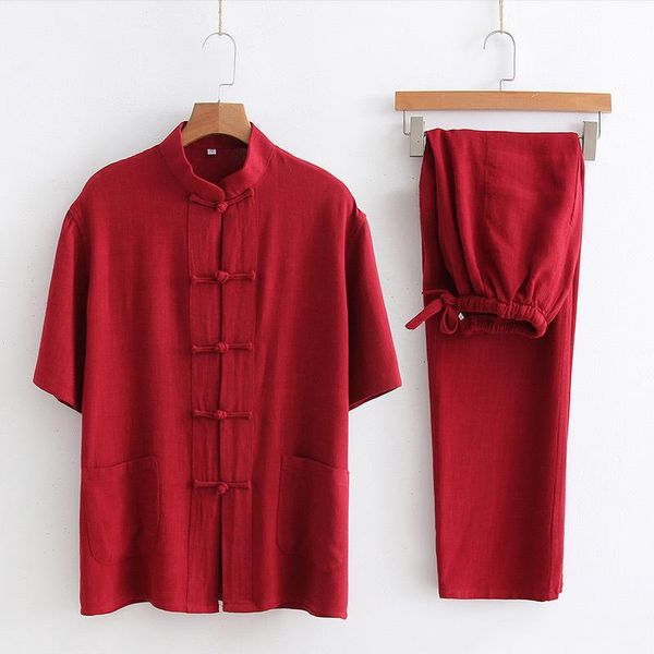 

men's tracksuits handmade rerto button summer middle-aged and elderly men tang suit short-sleeved cotton linen tai chi casual medita, Gray