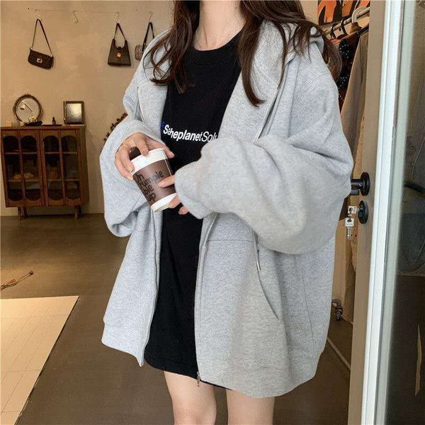 

women hoodie s zipper all-match solid vintage black summer students large size leisure streetwear chic stylish casual