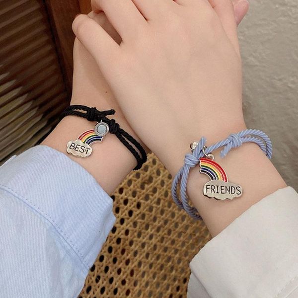 

charm bracelets 2pcs paired magnetic attract couple bracelet lovers rainbow matching pendant friends bff rope for women men, Golden;silver