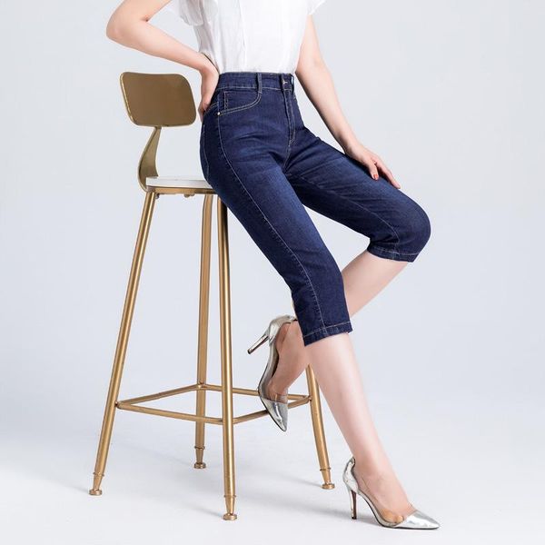 

women's jeans skinny capris mom fit black summer breechesjeans high waist large size knee length female denim shorts pants for women, Blue