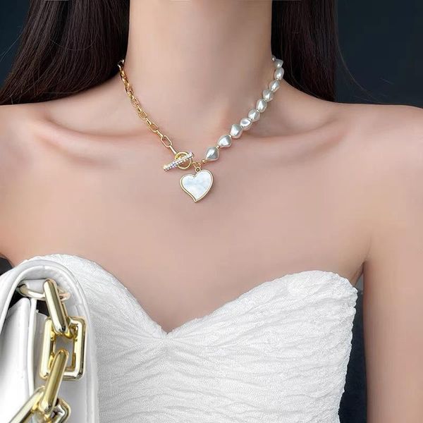

pendant necklaces origin summer unique design asymmetry love heart necklace for women simulation pearl shell toggle clasp jewelry, Silver