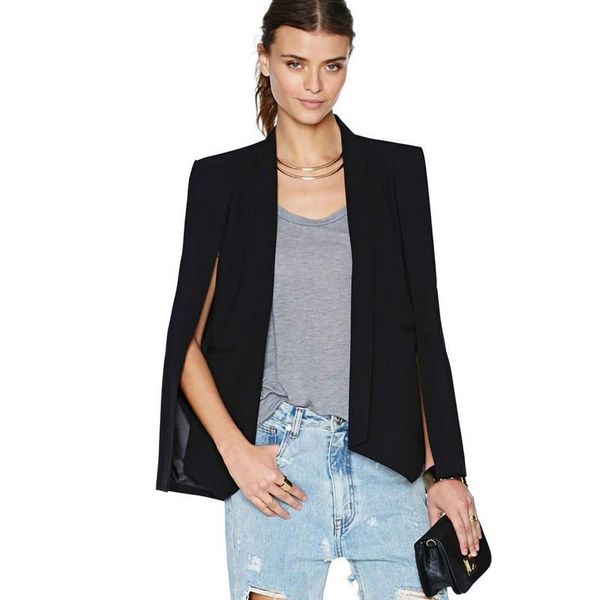 

women's suits & blazers black white long sleeve cape blazer coat women lapel split cloak jacket suit ol office workwear, White;black