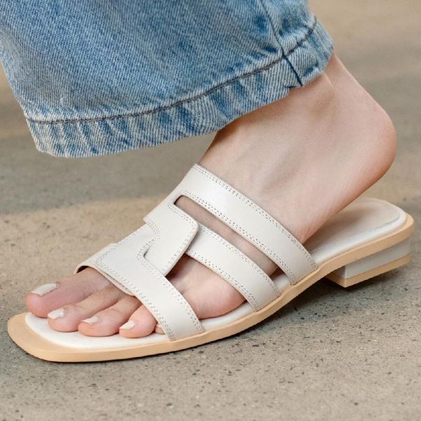 

sandals women's genuine leather cross strap narrow band open toe summer slip-on slides casual soft comfortable mules flats shoes, Black