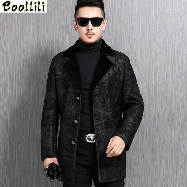 

men's leather & faux boollili genuine jacket men winter sheepskin coat for real wool lining slim fit chaqueta cuero hombre, Black