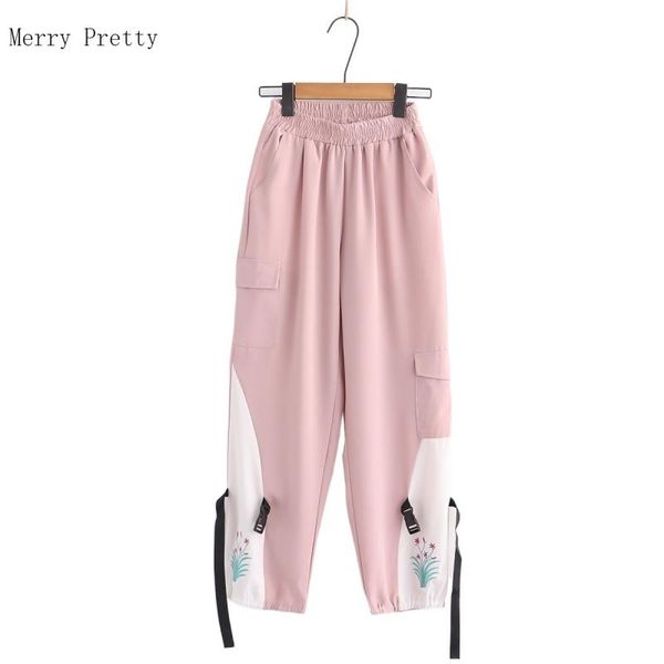 

women's pants & capris pink floral embroidery straight casual women 2021 summer sweet style ladeis kawaii cute cotton bottom trouser me, Black;white