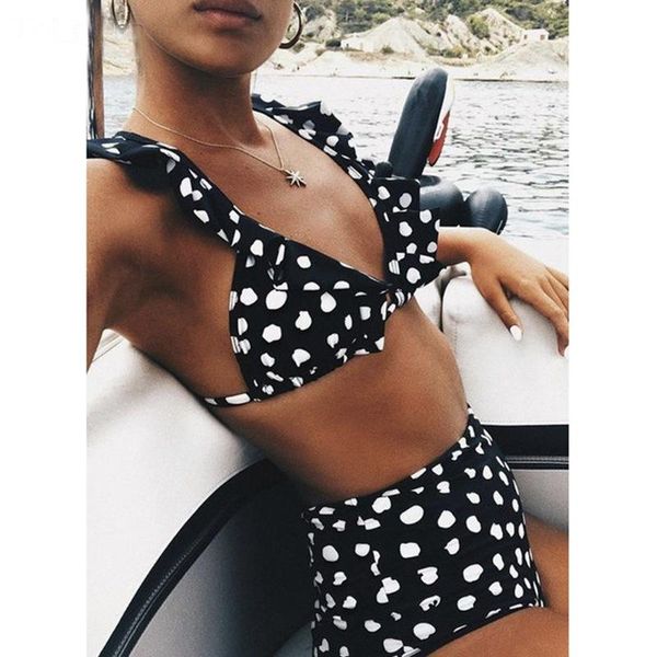 

women's swimwear polka dot bikinis rÃ¼schen badeanzug hohe taille bikini frauen bademode weiblichen brazilian set badende sc, White;black