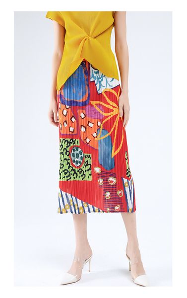 

skirt miyake fold fashion summer products geometric abstract print straight skirt, Black