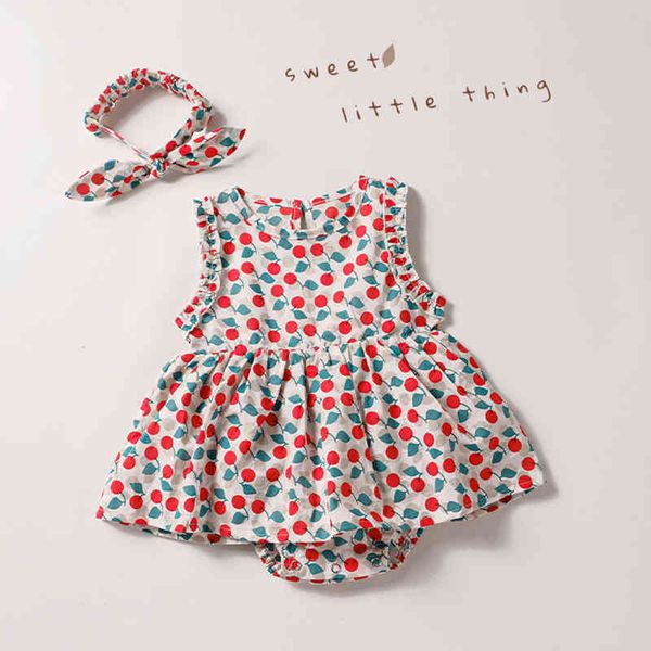 Vestiti delle neonate di estate Pagliaccetti di marca Abbigliamento Moda Cute Cherry Prints Kids + Hairband Toddler Girl Dress 210429