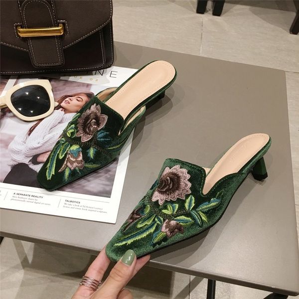

dress shoes green velvet high heels slippers women floral embroidery mules shallow pointed toe heeled fashion loafers outsides woman slides, Black
