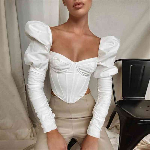 

vintage square collar corset women blouses and elegant long sleeve crop low cut backless blusas, White