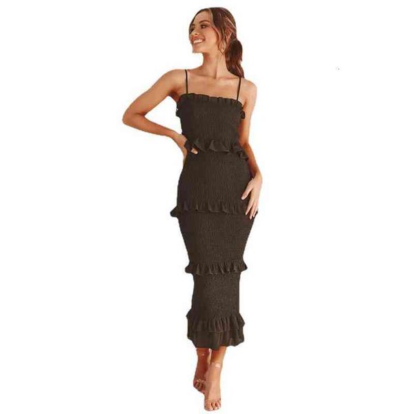 

spring 2021 solid color drawstring pleated cake drs long skirt, Black