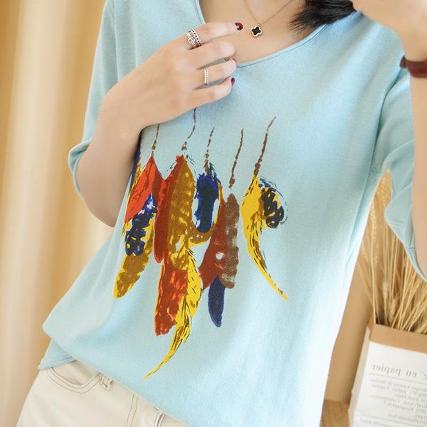 

women's t-shirt women 2021 summer pure cotton knitted sweater half sleeve casual plus size v-neck pullover tees, White