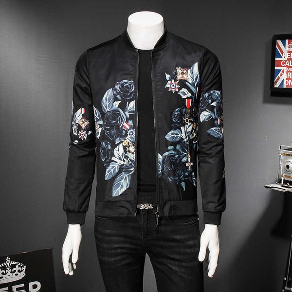 

fashion casual slim jacket men autumn floral print business bomber jackets streetwear outwear stand collar men's coat clothes 210527, Black;brown