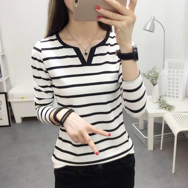 

women's t-shirt women t-shirts classic cotton striped color winter v-neck casual full sleeve, White