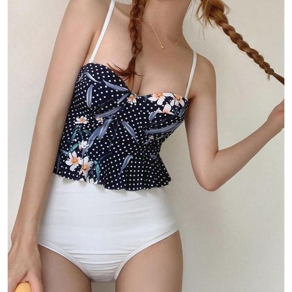 

two-piece suits 2021 stylish one piece swimsuit floral suspender swimwear korean style ruffle women monokini dot backless beachwear