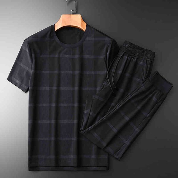 

tracksuit shirt summer mens (t-shirt+pants) luxury plaid fabric short sleeve plus size 3xl 4xl casual sport slim man sets, Gray