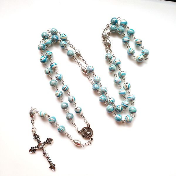 

blue acrylic catholic rosary necklace vintage cross pendant for men women religious jewelry, Silver