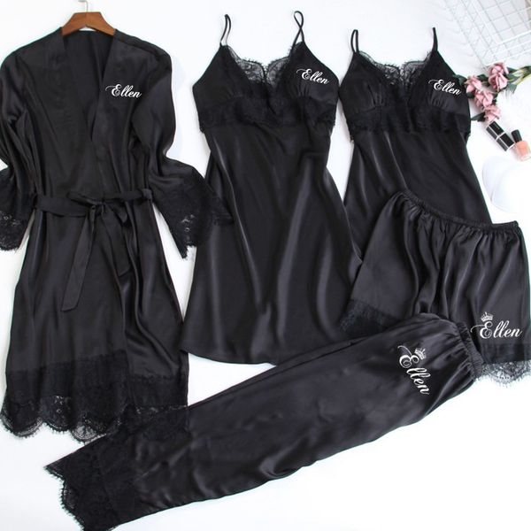 

personalized name women kimono bathrobe bride bridesmaid wedding robe set lace trim sleepwear casual home clothes nightwear, Black;red