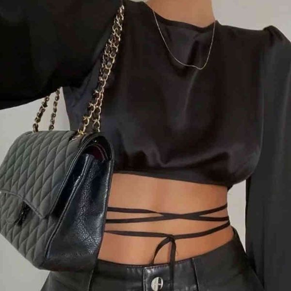 

women's polos blusa feminina de cetim com mangas longas, nova moda , decote redondo, blusa curta, manga longa, lanterna p0oy, White