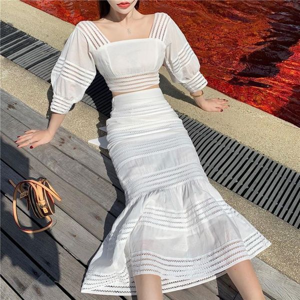 

hollow out crop women tracksuits lace up mermaid 2 piece set backless puff sleeve and long skirt, Gray