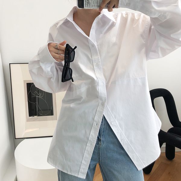 

women's & faux leather female spring split hem harajuku fashion shirt loosens silhouette long white blouse sleeve, Black