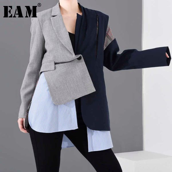 

[eam] women blue plaid asymmetrical big size blazer lapel long sleeve loose fit jacket fashion spring autumn 1n90102 210930, White;black