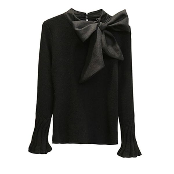

flare sleeve elegant sweater big bow collar women korean style knitted ladies pullovers tees  belt, White;black