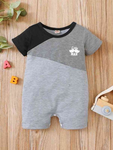

baby color block letter & mustache print romper she, Blue