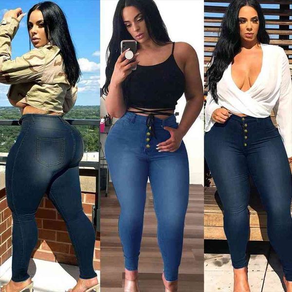 

arrivals women pius size high waist jeans ladys streetwear single-breasted skinny denim pencil pants autumn winter, Blue