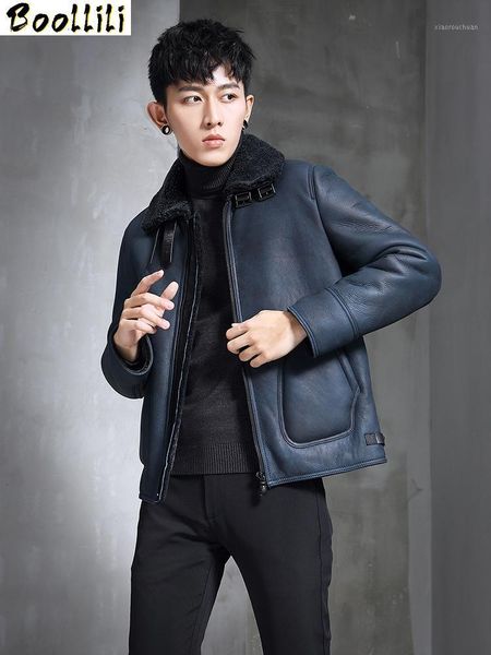 

men's leather & faux boollili shearling jacket men winter sheepskin coat genuine jackets natural fur coats short warm 2021, Black