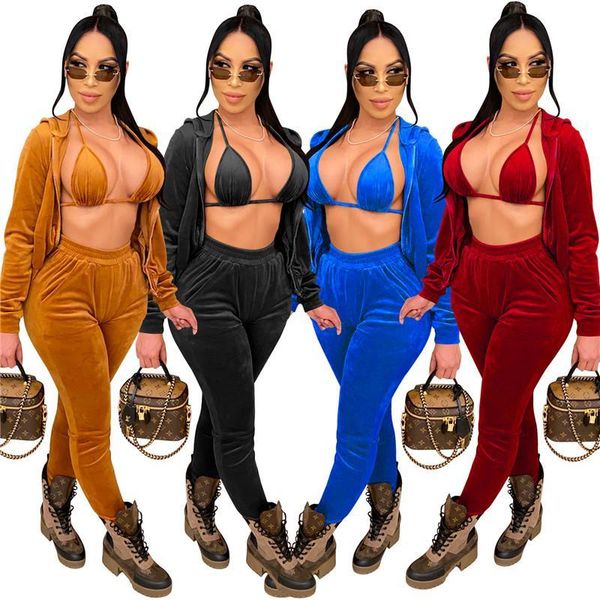 

women's tracksuits women sets velvet tracksuit hooded sweatpants bra matching set fall winter 3 three pieces outfits 5ldx, Gray