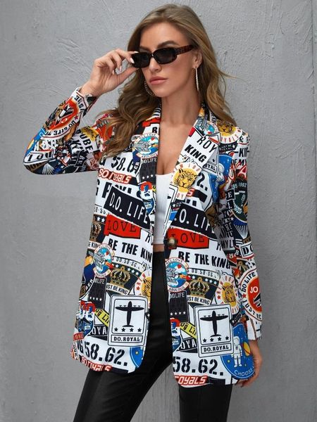 

women's suits & blazers vintage letter irregular printing blazer women jacket high street fashion fall 2021 plus size elegant lady coat, White;black