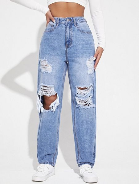 

high waist ripped cut out jeans j1qu#, Blue