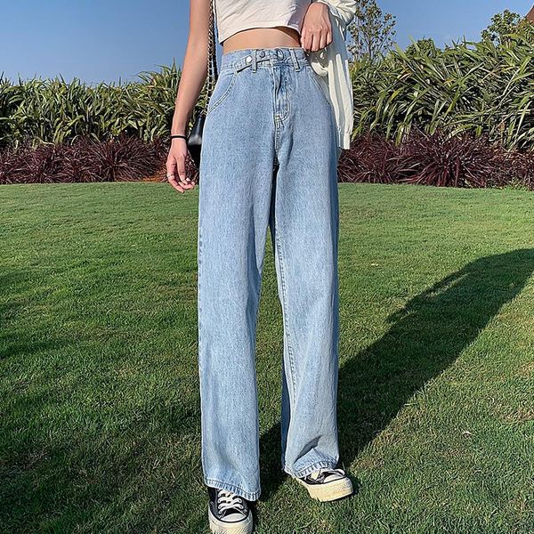 

women high waist loose straight jeans lady students autumn wide legs length pants female jeansy streetwear cropped trousers women's, Blue