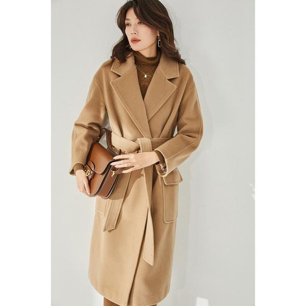 

women's wool & blends winter long coat women beige cashmere autumn 2021 camel color casual retro lapel elegant lace commuter, Black