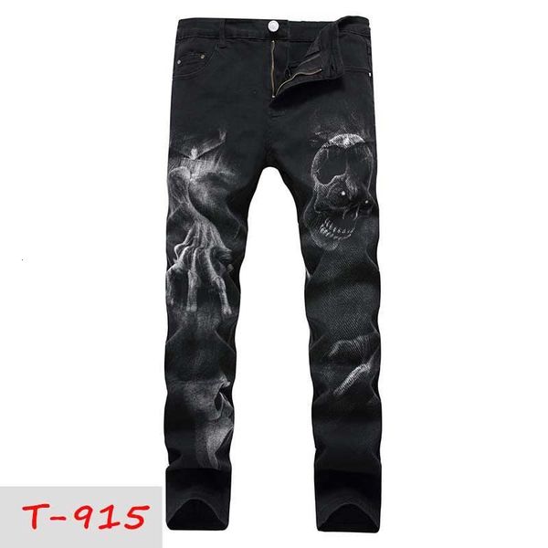 

mens 3d printing casual runway elastic jeans straight denim pants washed high quality, Blue