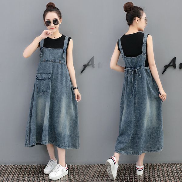

dresses denim strap skirt women's spring new loose large size slim pocket drawstring casual dress, Black;gray