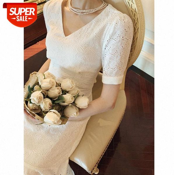 

korean version of french retro puff sleeve waist slimming v-neck over-the-knee fishtail skirt dress #dh38, Black;gray