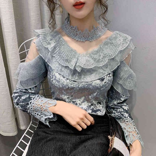 

lace shirt women's autumn winter women blouse ruffles mesh long sleeve korean velour half-collar womens clothing 3026e 210420, White