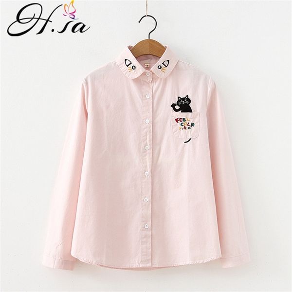 HSA Cartoon Blusas Camisas Femininas CAT Tops Casual Algodão Manga Comprida Azul Office Lady Blusas Loose Outwear Spring 210430